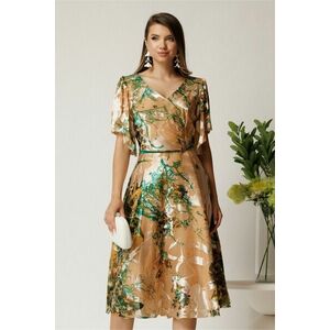 Rochie midi bej din matase in clos cu imprimeuri verzi imagine