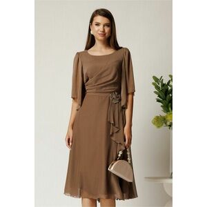 Rochie midi bej din voal in clos cu broderie florala pe talie imagine