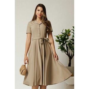 Rochie DY Fashion midi bej din stofa subtire cu cordon si buzunare imagine