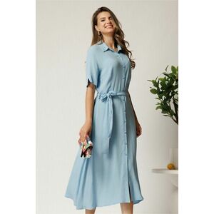 Rochie midi bleu din bumbac in clos cu cordon in talie imagine