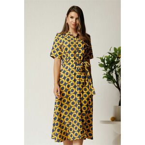 Rochie midi bleumarin din bumbac in clos cu cercuri galbene si cordon in talie imagine