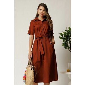 Rochie midi maro din bumbac in clos cu cordon in talie imagine
