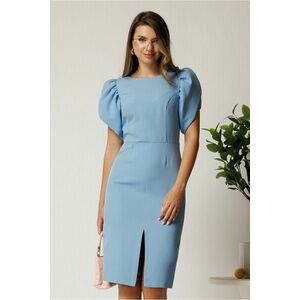 Rochie midi bleu din stofa cu croi conic si maneci tio lalea imagine