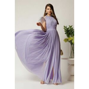 Rochie DY Fashion lunga lila din tull fin cu pene la umeri imagine