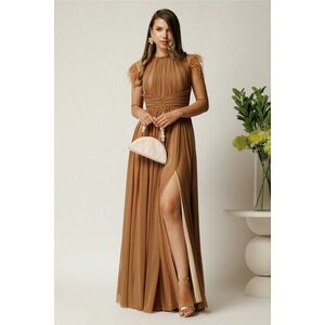 Rochie DY Fashion lunga maro din tull fin cu pene la umeri imagine