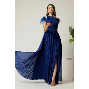 Rochie DY Fashion lunga albastra din tull fin cu pene la umeri imagine