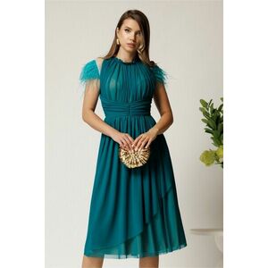 Rochie DY Fashion midi din tull turcoaz in clos cu pene la umeri imagine