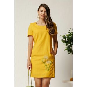 Rochie scurta galbena din in cu broderie florala pe fusta imagine