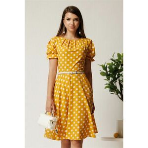 Rochie midi galbena din viscoza in clos cu buline si curea in talie imagine