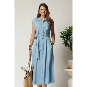 Rochie midi bleu din viscoza cu nasturi si cordon imagine