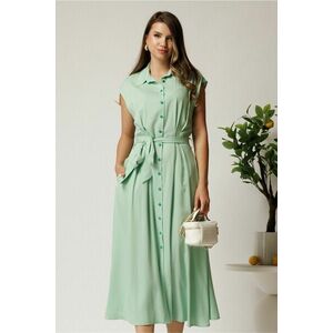 Rochie midi verde mint din viscoza cu nasturi si cordon imagine