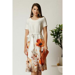 Rochie midi alba din satin cu imprimeu floral la baza si cordon in talie imagine