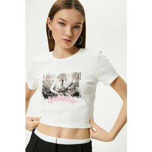 Tricou crop cu imprimeu si decolteu la baza gatului imagine