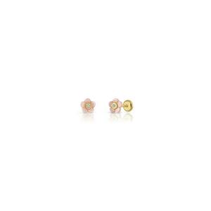 Cercei din Aur 14K - model Floare din Sidef Perla si Pietre CZ - inchidere cu Filet si Protectie imagine