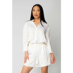 Set dama cu broderie - camasa si pantalon scurt Off White/Cream 16393 imagine