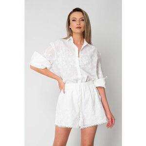 Set dama cu broderie - camasa cu maneca 3/4 si pantalon scurt White 16395 imagine