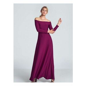 Rochie maxi fuchsia - cu maneci lungi - decolteu mare - pliuri la piept - elastan 5% - poliester 95% imagine