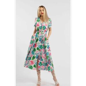 Rochie midi cu croiala evazata si cordon in talie imagine