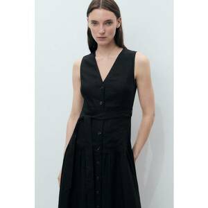 Rochie midi din amestec de in cu cordon in talie si croiala in A - Negru - imagine