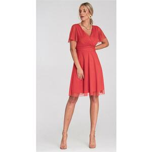 Rochie portocalie - tul - decolteu plic - maneci scurte - evazata - mulata in talie - imagine