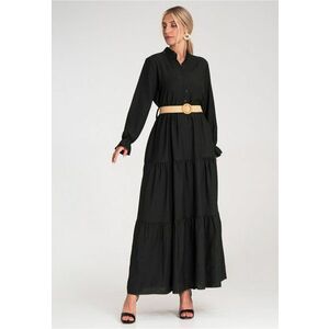 Rochie lunga casual cu volane - neagra - cu curea - imagine