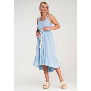 Rochie cu dungi - asimetrica - volane - albastru deschis - bumbac - imagine