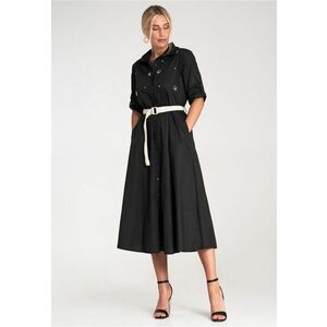 Rochie midi - cu strasuri - neagra - tip camasa - imagine