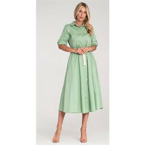 Rochie midi verde - bumbac - cu aplicatii si curea impletita - imagine