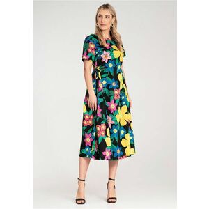Rochie midi imprimeu floral intens - material textil usor - cu legaturi laterale - imagine