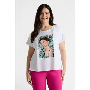 Tricou cu imprimeu grafic si decolteu la baza gatului imagine
