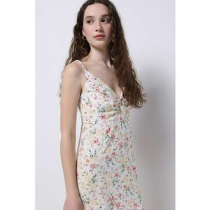 Rochie din amestec de in cu slit lateral si model floral imagine
