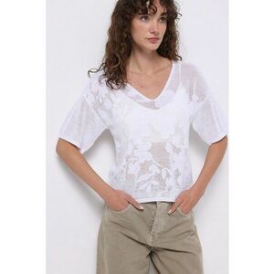 Tricou din amestec de bumbac si modal cu decolteu in V si aspect semitransparent imagine