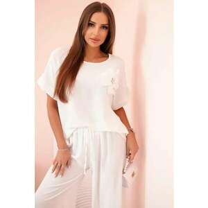 Set de bluza cu maneci scurte si detaliu floral si pantaloni - imagine