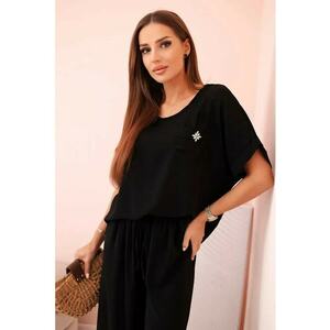 Set de bluza cu maneci scurte si detaliu floral si pantaloni - imagine