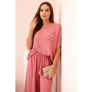 Set de bluza cu maneci scurte si detaliu floral si pantaloni - imagine