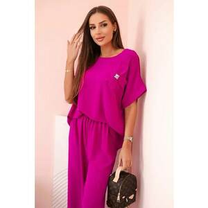 Set de bluza cu maneci scurte si detaliu floral si pantaloni - imagine