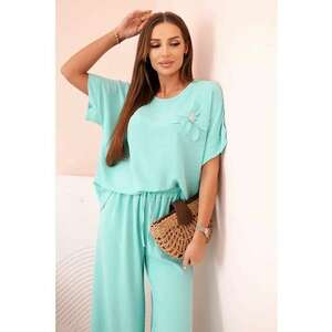 Set de bluza cu maneci scurte si detaliu floral si pantaloni - imagine