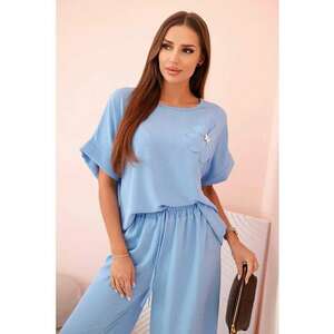 Set de bluza cu maneci scurte si detaliu floral si pantaloni - imagine