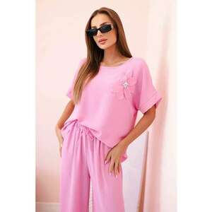 Set de bluza cu maneci scurte si detaliu floral si pantaloni - imagine