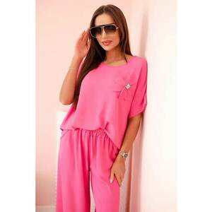 Set de bluza cu maneci scurte si detaliu floral si pantaloni - imagine