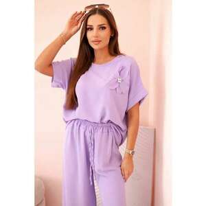 Set de bluza cu maneci scurte si detaliu floral si pantaloni - imagine