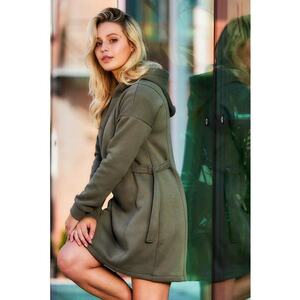 Rochie din amestec de bumbac cu cordon si gluga - imagine