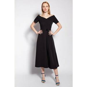 Rochie midi cu model uni si prindere in talie - imagine
