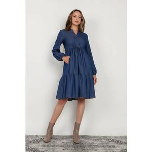 Rochie midi cu maneci lungi cu elastic si aspect de denim imagine