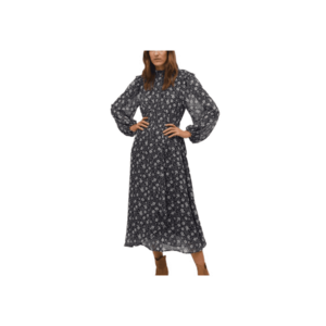 Rochie midi evazata - florala - neagra - poliester - imagine