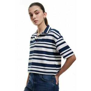 Tricou polo crop cu dungi - Alb - Bleumarin - imagine