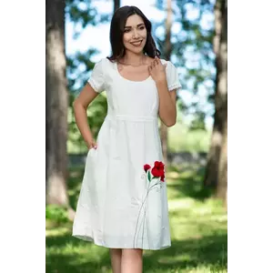 Rochie de zi din in ecru cu maci brodati 3D imagine