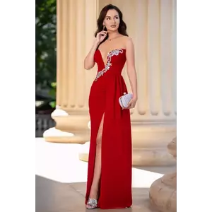 Rochie de seara eleganta rosie cu trena pe o parte si model din strassuri imagine