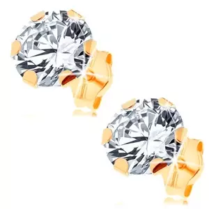 Cercei din aur galben de 14K - zirconiu mare transparent prins cu șase cleștișori, 7 mm imagine