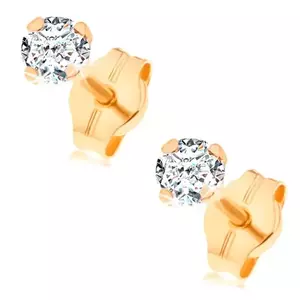 Cercei din aur galben de 14K - zirconiu rotund transparent în montură, 3 mm imagine